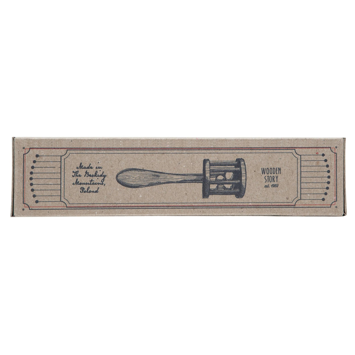 9. Long side view of Wooden Story packaging with rattle illustration and brand details