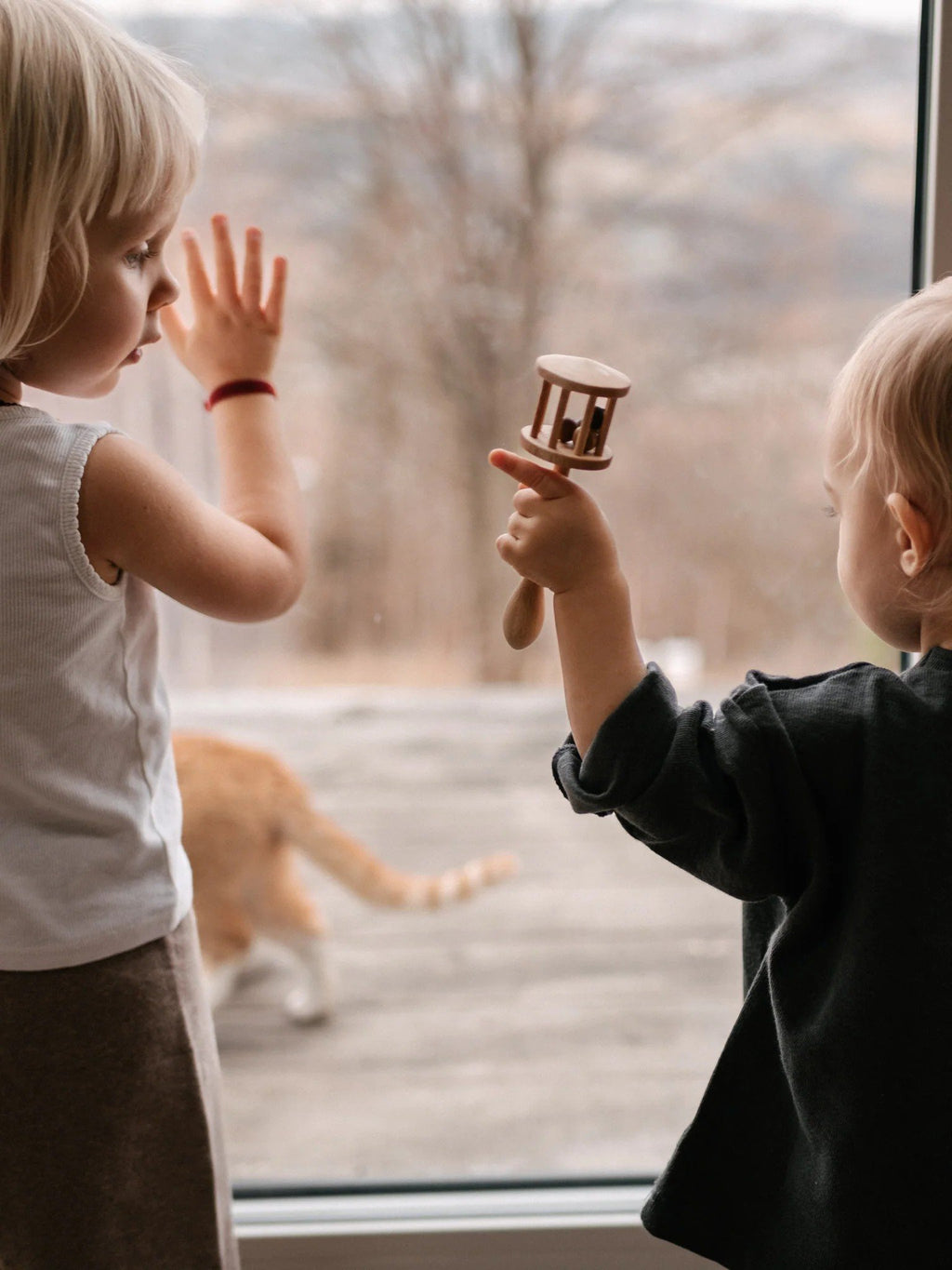 4. Two children by a window, one holding a Wooden Story rattle, with a cat outside