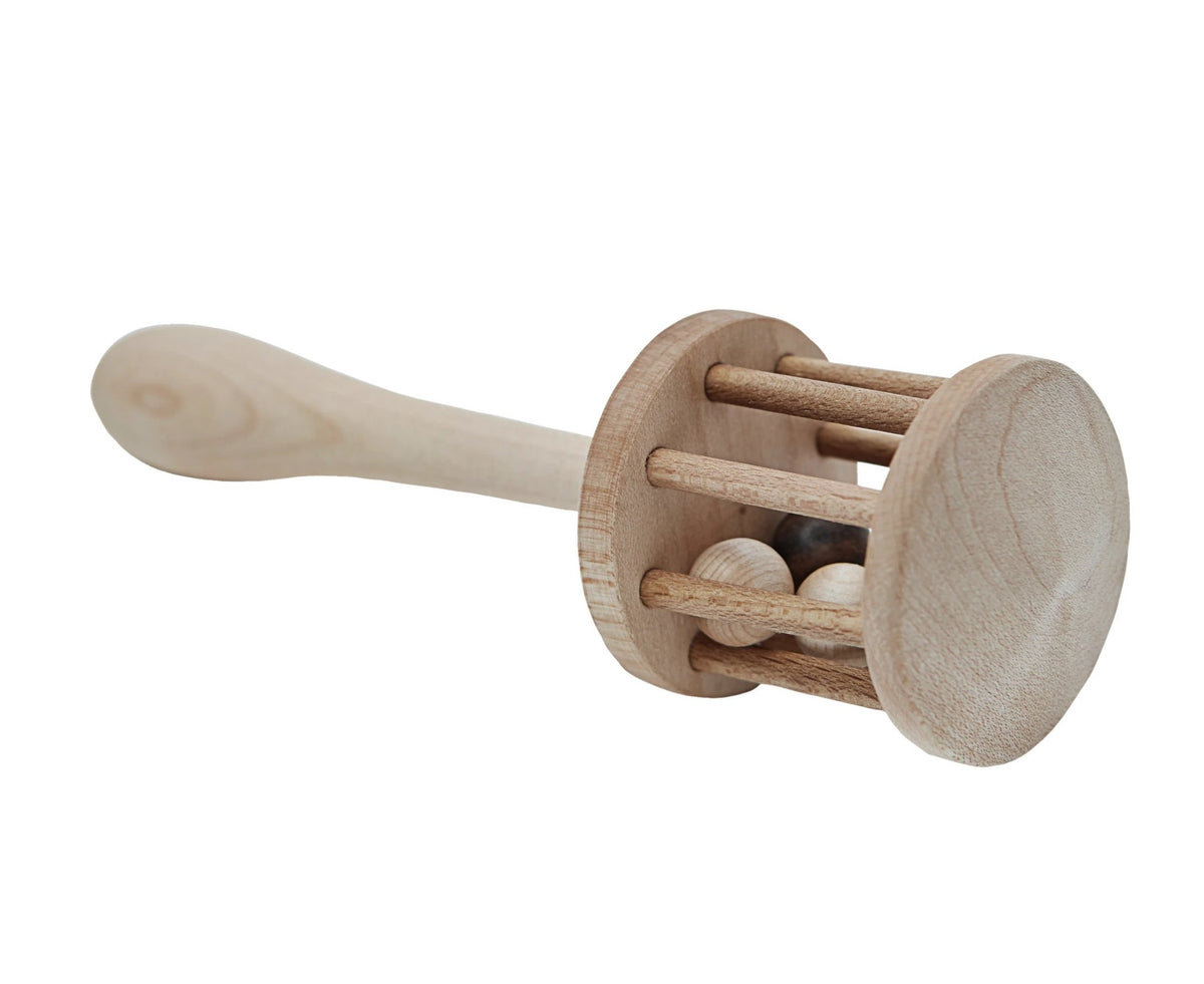 2. Wooden Story rattle with natural wood finish shown on a white background