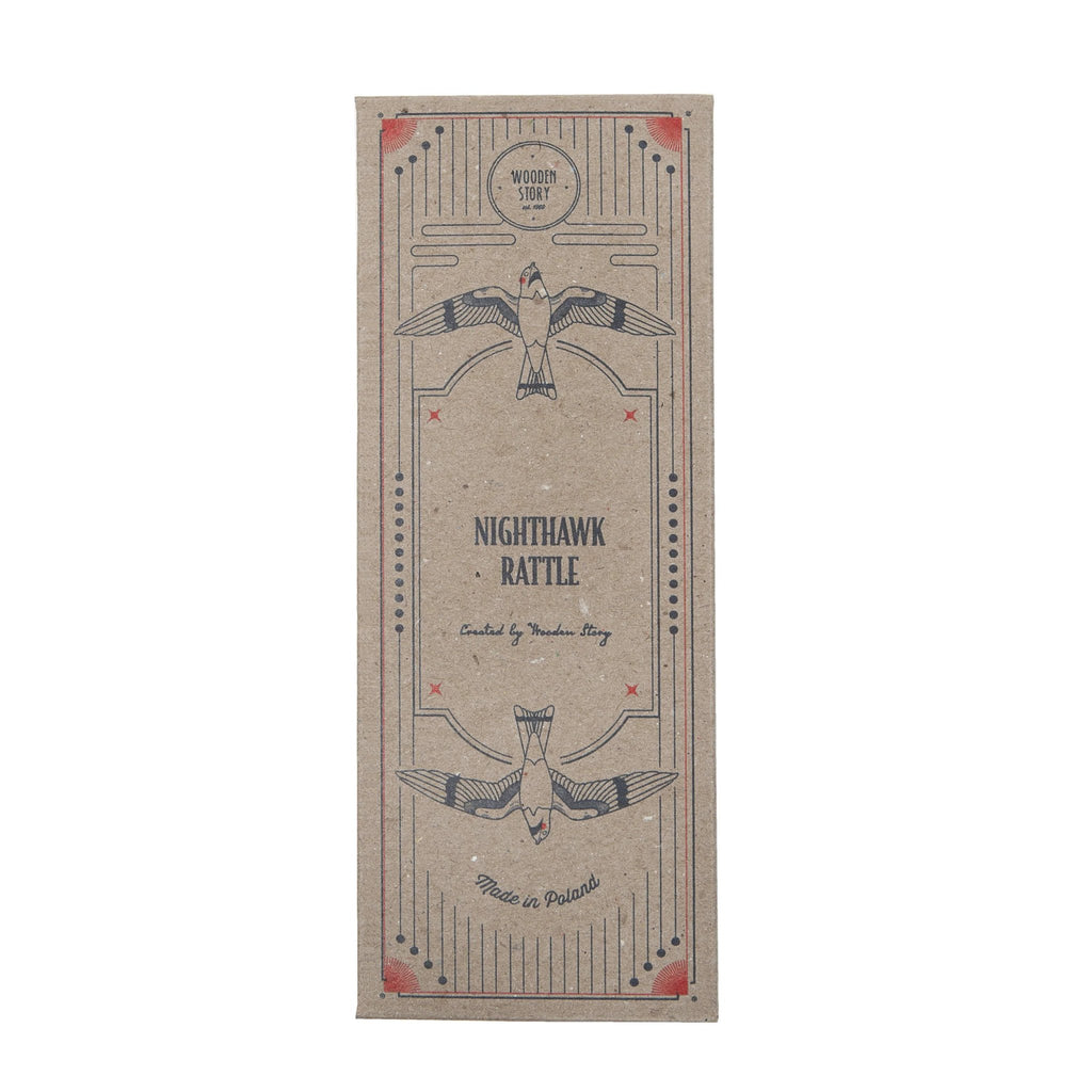 7. Nighthawk Rattle packaging with bird illustration and brand name Wooden Story
