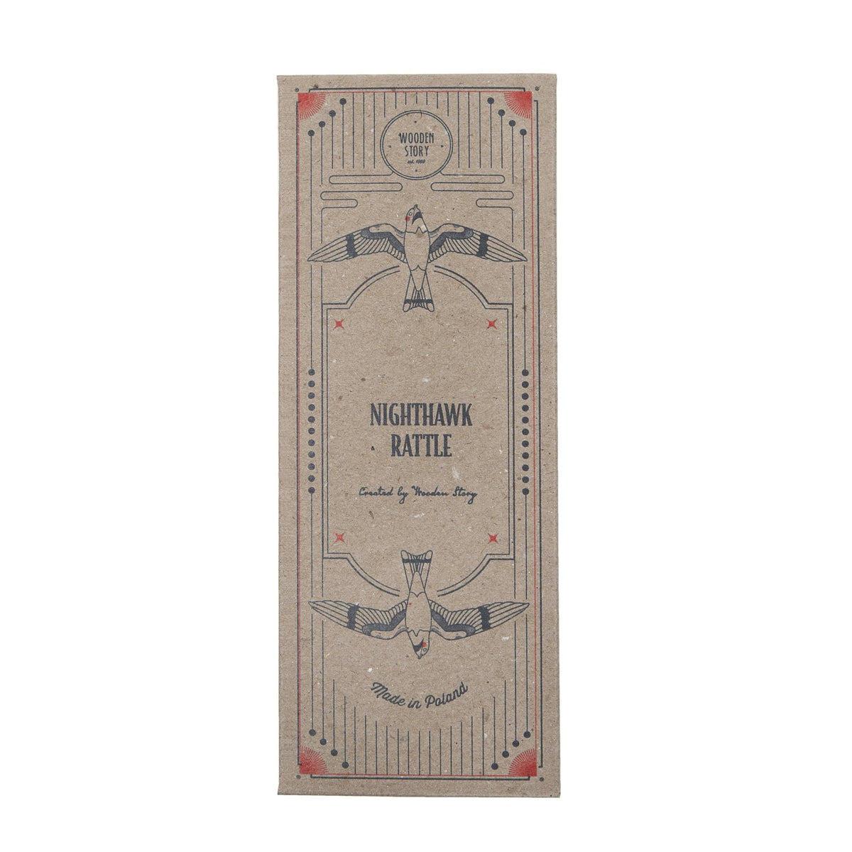 7. Nighthawk Rattle packaging with bird illustration and brand name Wooden Story