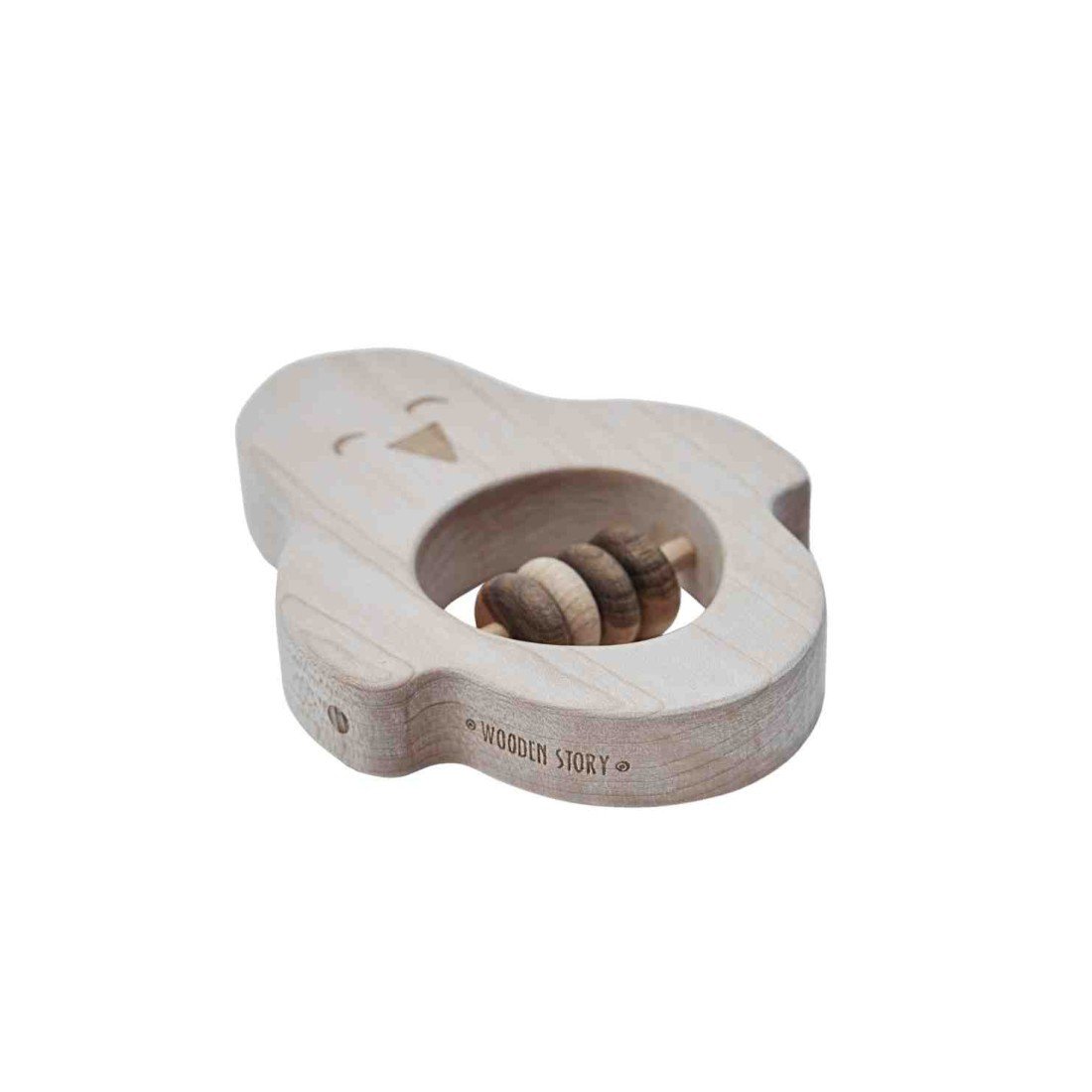 2. Side view of wooden penguin rattle by Wooden Story, showing engraved brand logo and smooth, natural wood texture