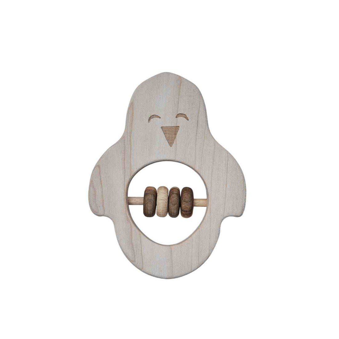 1. Wooden penguin-shaped rattle with ergonomic design and natural wood finish, featuring a central rod with wooden beads for teething and sensory play