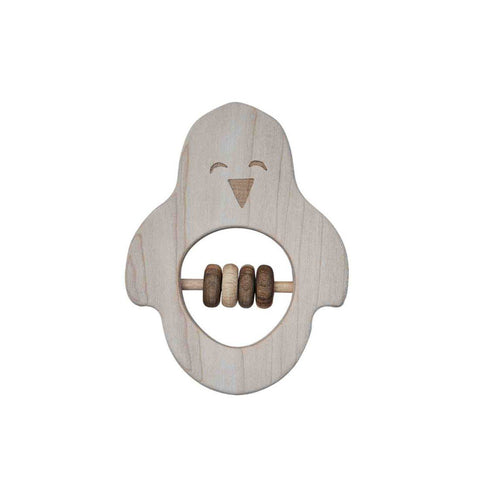 1. Wooden penguin-shaped rattle with ergonomic design and natural wood finish, featuring a central rod with wooden beads for teething and sensory play