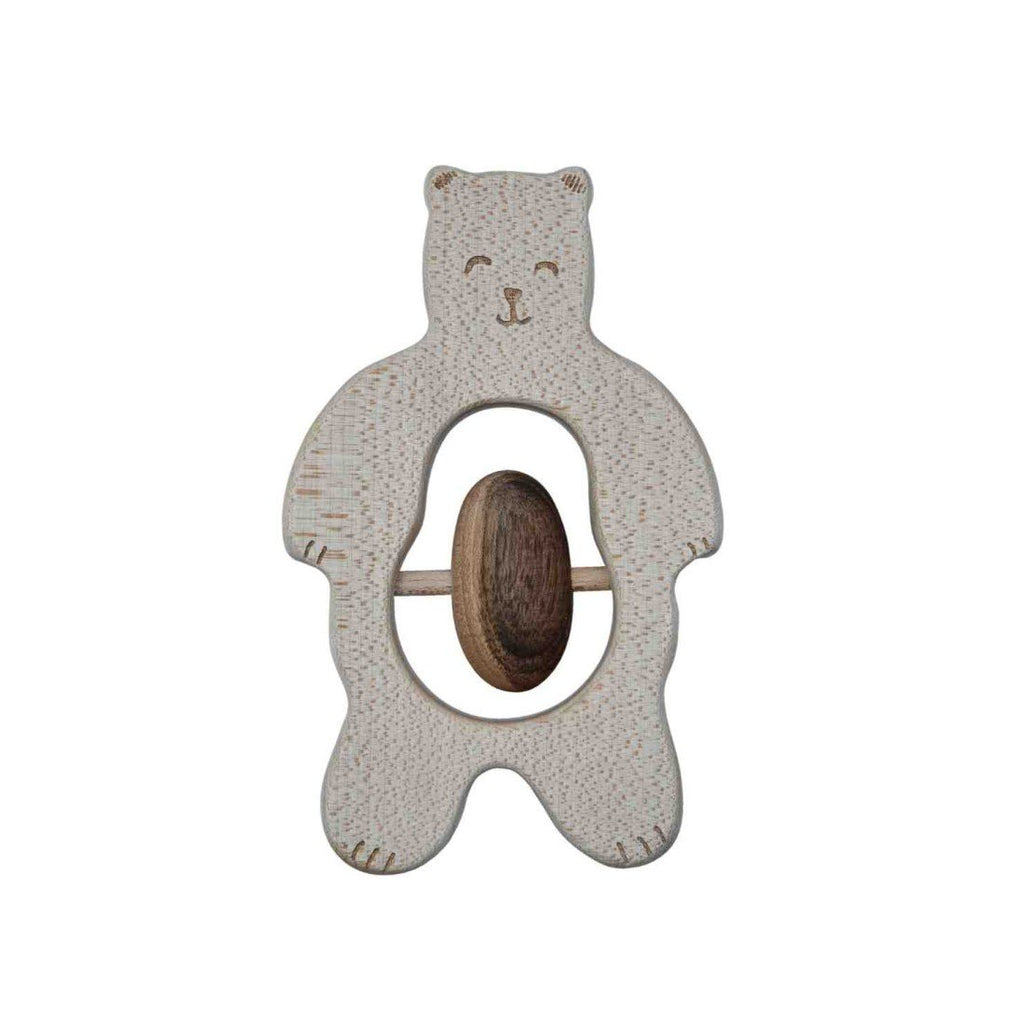 1. Wooden teddy bear rattle with ergonomic design, made from natural wood, shown on a white background