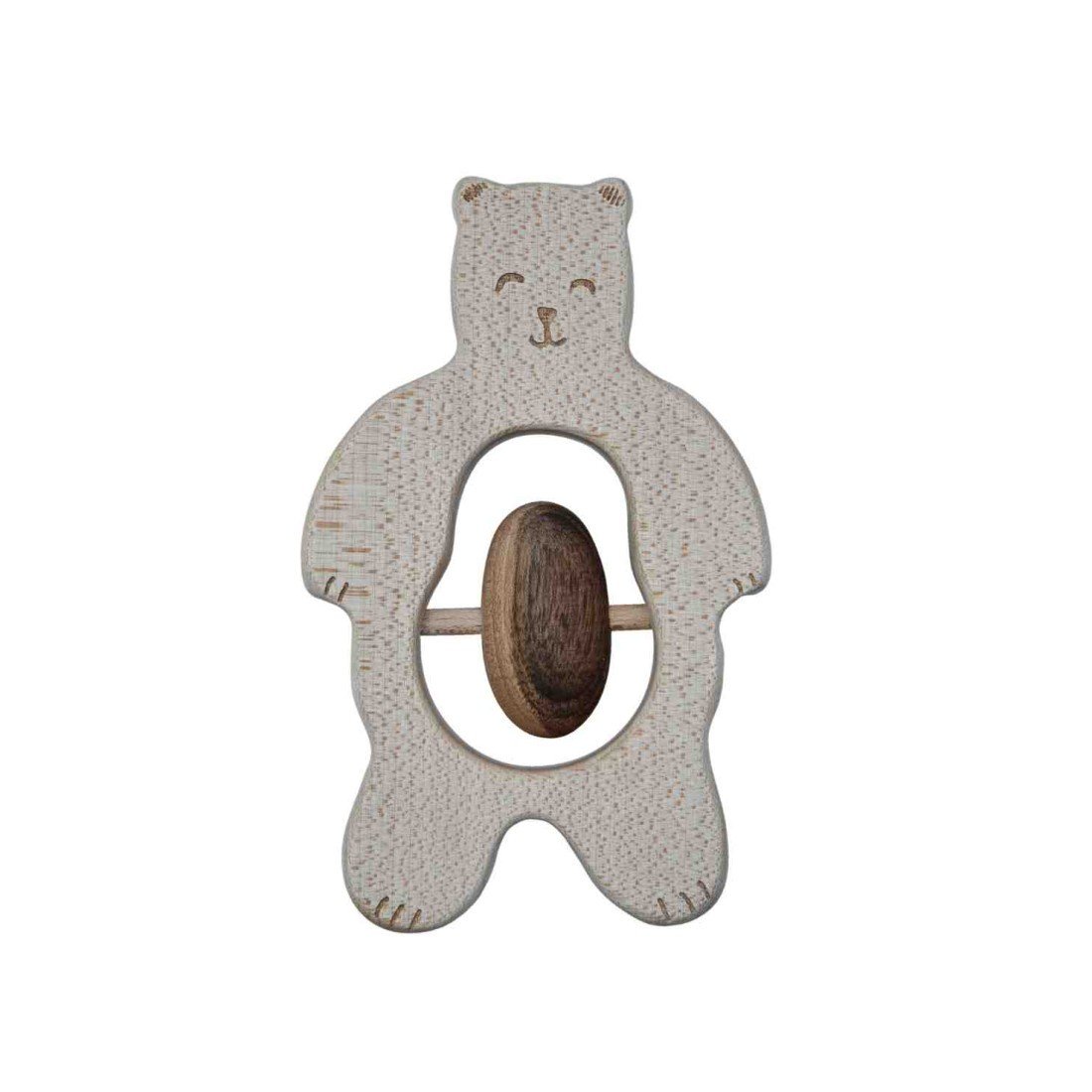 1. Wooden teddy bear rattle with ergonomic design, made from natural wood, shown on a white background