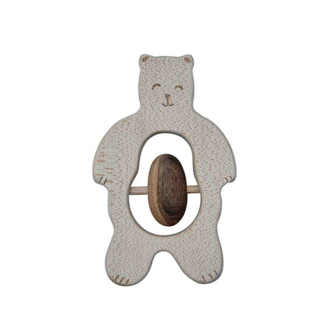 1. Wooden teddy bear rattle with ergonomic design, made from natural wood, shown on a white background