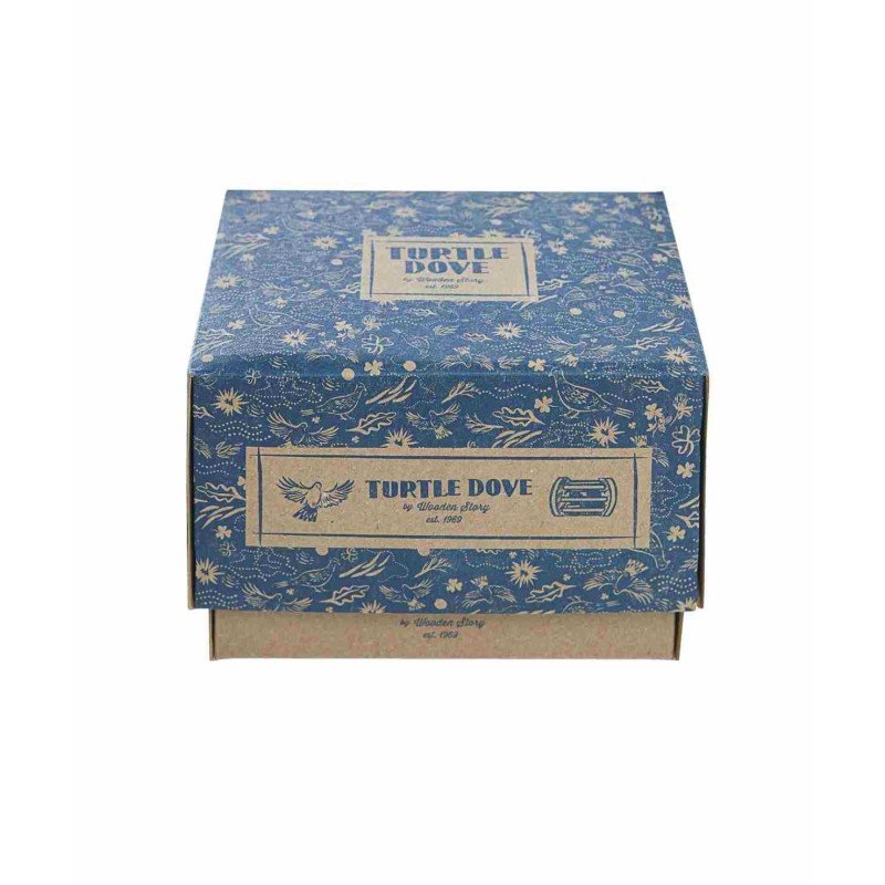 5. Blue floral cardboard box for Turtle Dove wooden rattle by Wooden Story, featuring brand logo and eco-friendly design