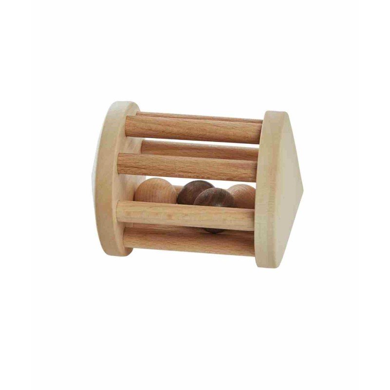 2. Wooden Story Turtle Dove rattle made from three types of wood, shown on a white background highlighting its cylindrical shape and smooth finish