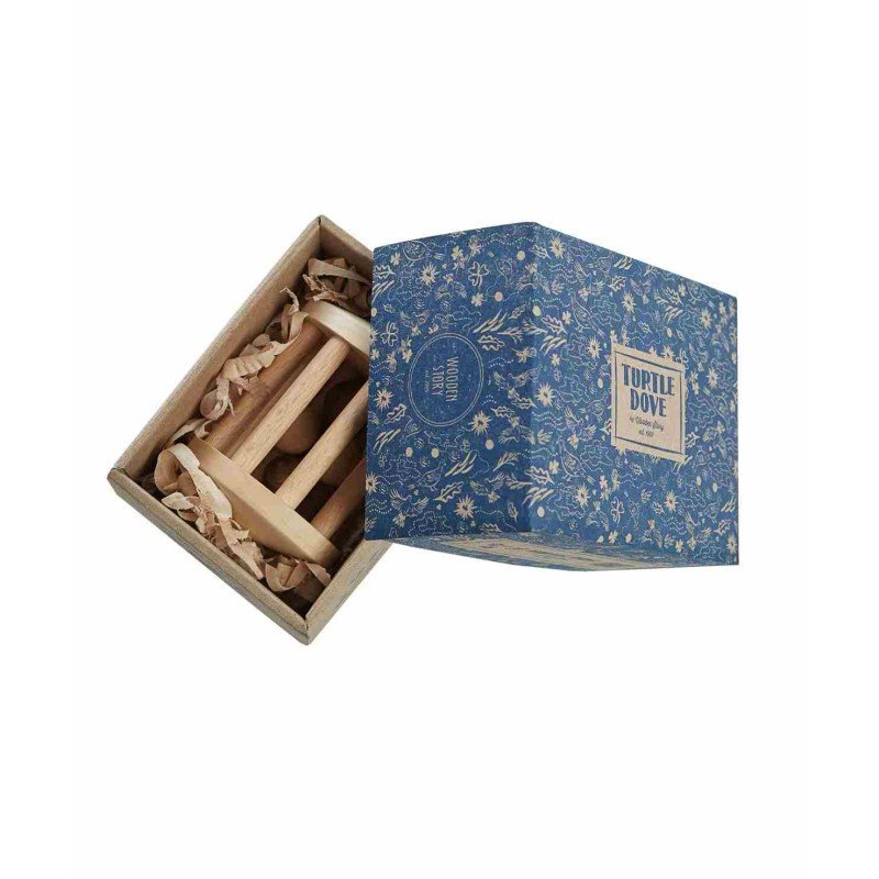 4. Turtle Dove wooden rattle by Wooden Story in an open blue floral cardboard box with eco-friendly packaging