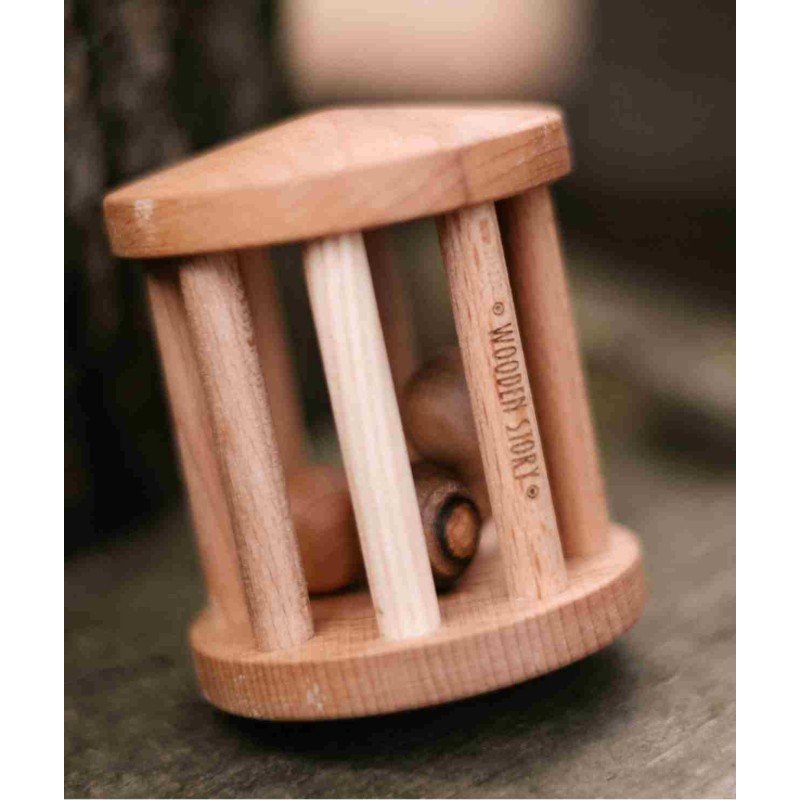 1. Close-up of Wooden Story Turtle Dove rattle on a natural surface, showcasing the brand logo and wooden texture