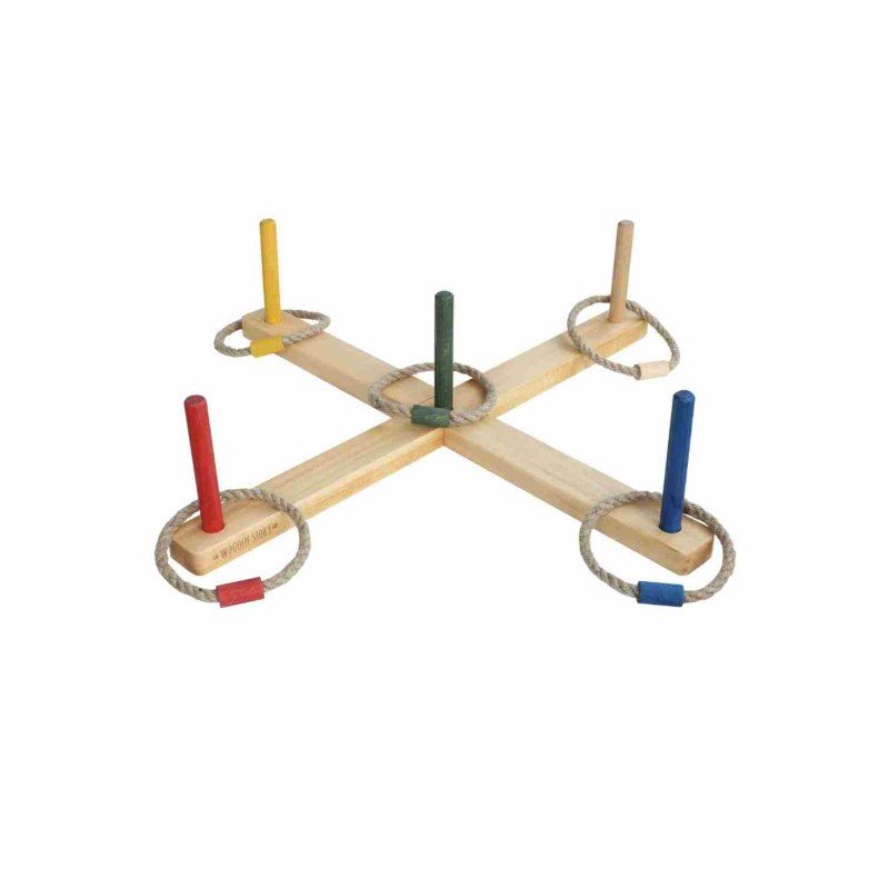 1. Wooden ring toss game with colorful posts and braided rings on a white background