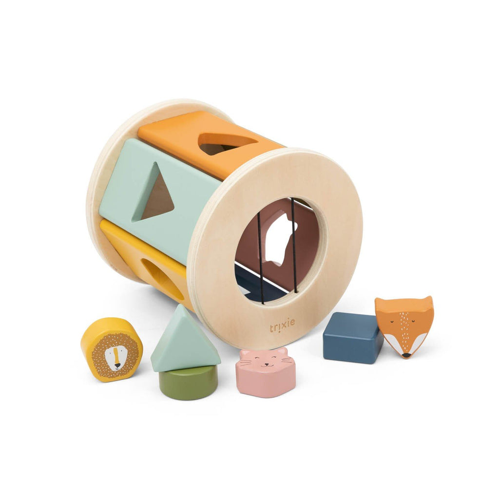 2. Trixie Baby wooden rolling shape sorter with colorful geometric shapes including fox and lion designs on white background