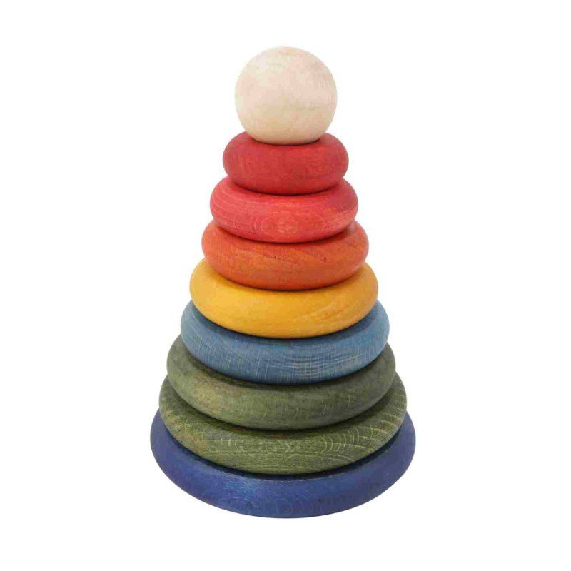 2. Colorful wooden round pyramid toy with stacked disks in red, orange, yellow, blue, and green, topped with a natural wood ball, shown on a white background