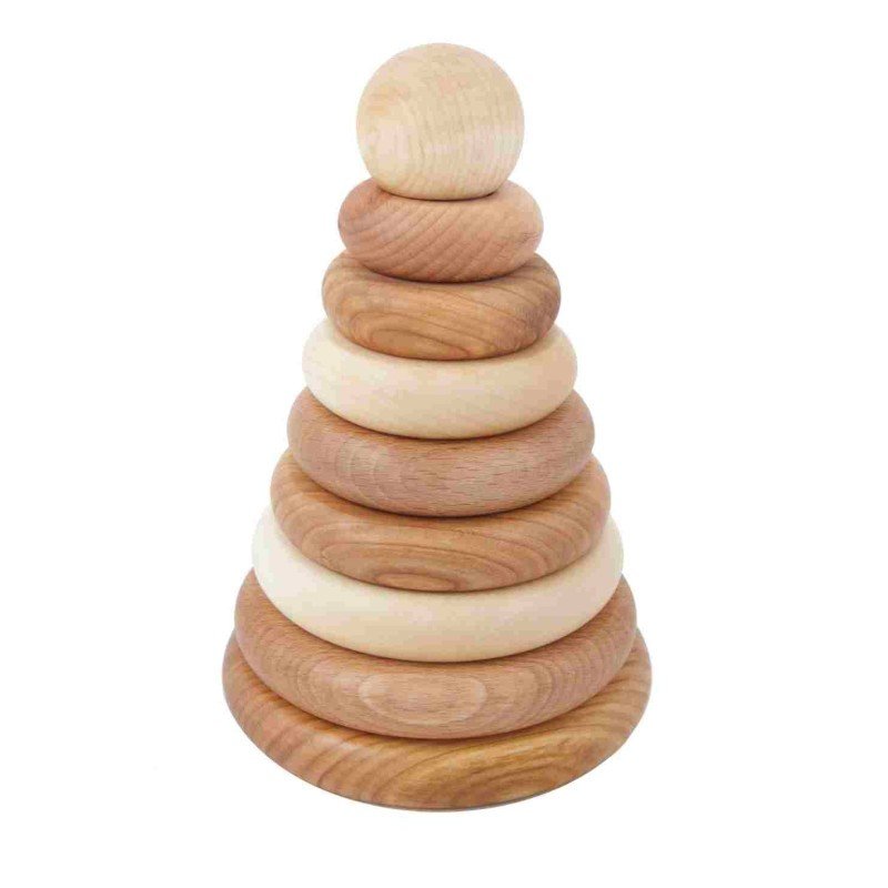 2. Wooden round pyramid toy with natural wood finish, featuring stacked disks of varying sizes on a white background