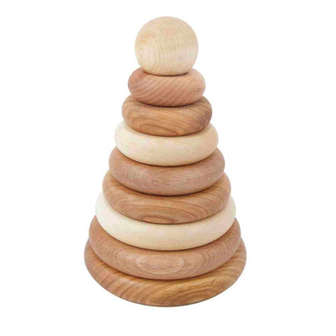 2. Wooden round pyramid toy with natural wood finish, featuring stacked disks of varying sizes on a white background