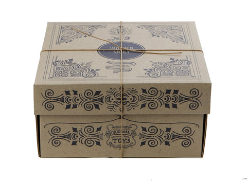 4. Cardboard box with decorative patterns and Wooden Story branding, tied with string