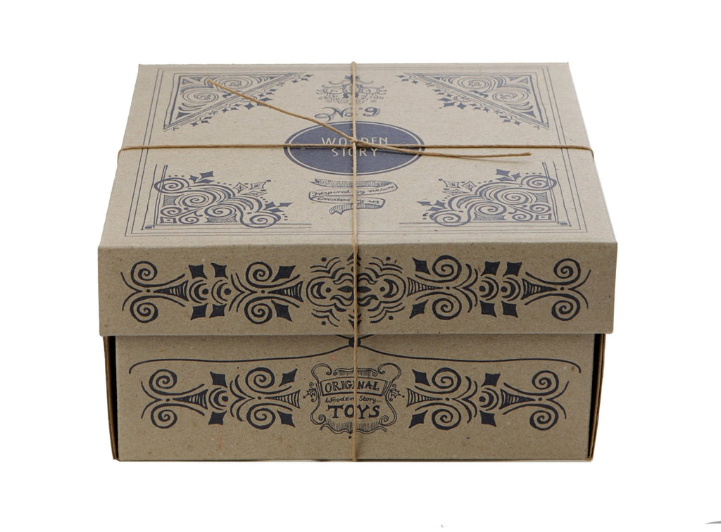 4. Cardboard box packaging for Wooden Story shape sorting blocks with decorative design and twine