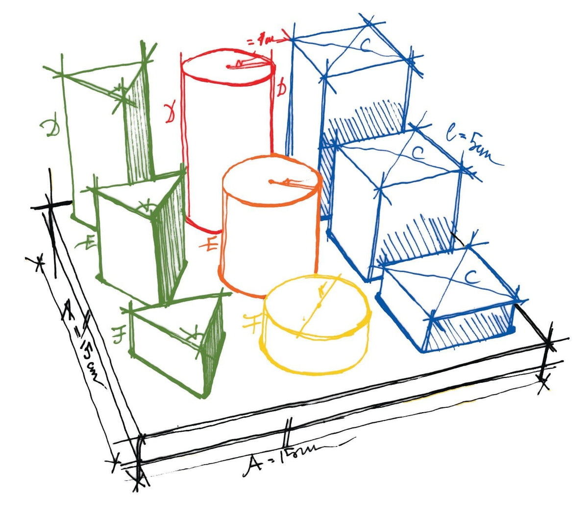 5. Size chart illustration for wooden shape sorting blocks showing dimensions and shapes