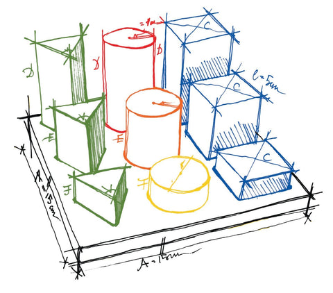5. Size chart illustration for wooden shape sorting blocks showing dimensions and shapes