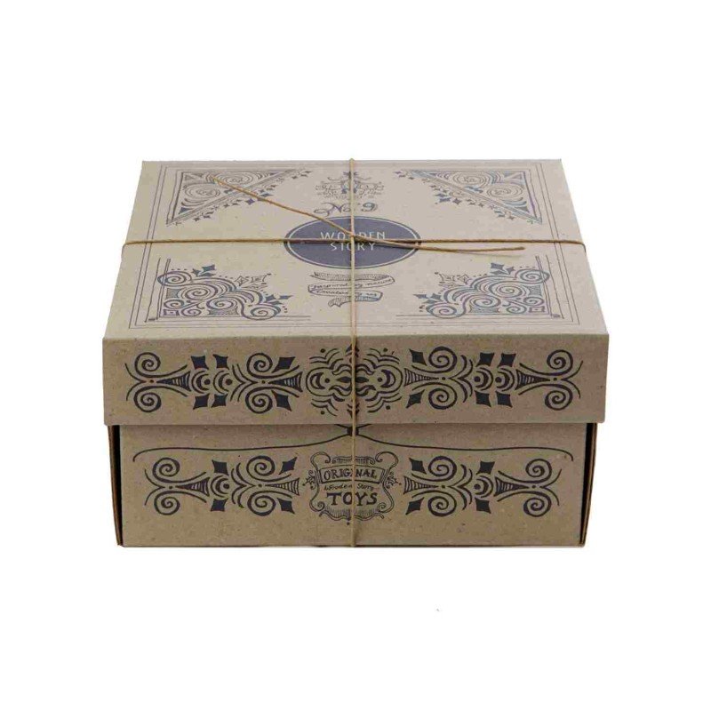 2. Eco-friendly cardboard packaging for Wooden Story shape sorting box with decorative patterns and logo
