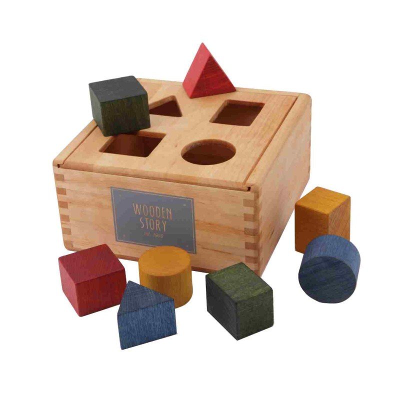 1. Wooden Story shape sorting box with colorful wooden blocks in various shapes on a white background