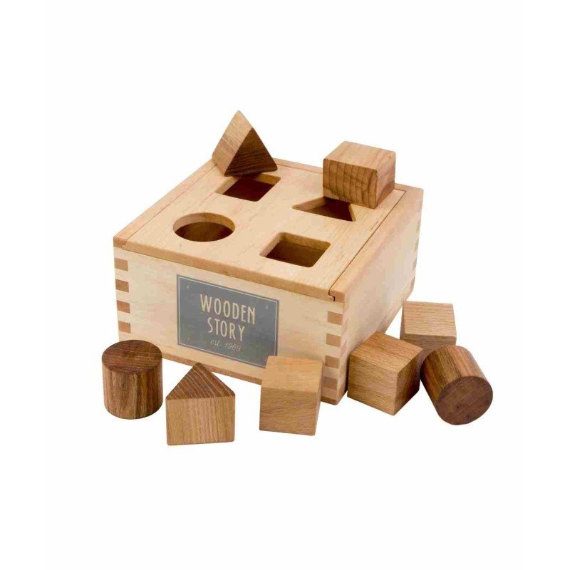 1. Wooden Story natural shape sorting box with various wooden blocks on white background