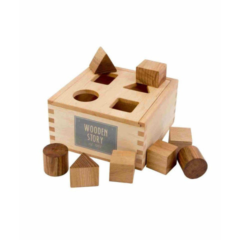1. Wooden Story natural shape sorting box with various wooden blocks on white background