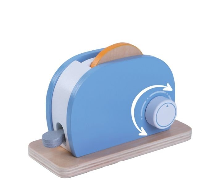 2. Close-up of blue wooden toy toaster with adjustable knob and bread slice inside on white background