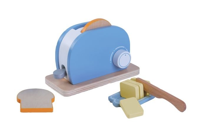 1. Wooden toy toaster set with blue toaster, two bread slices, butter dish, knife, and butter pieces on white background