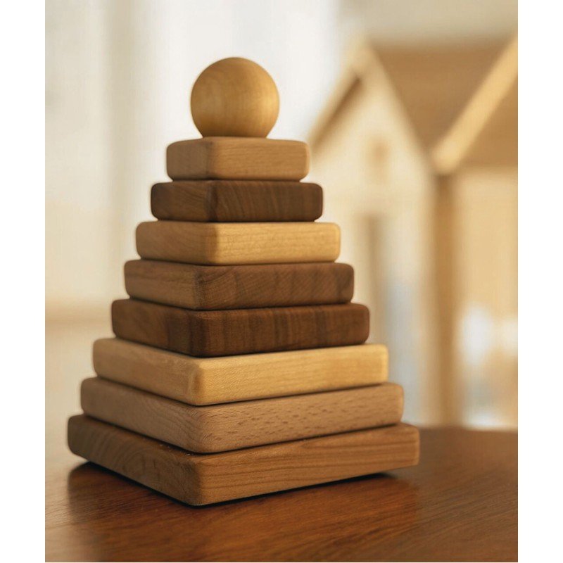 1. Wooden square pyramid toy with natural finish, stacked on a wooden surface in a cozy indoor setting