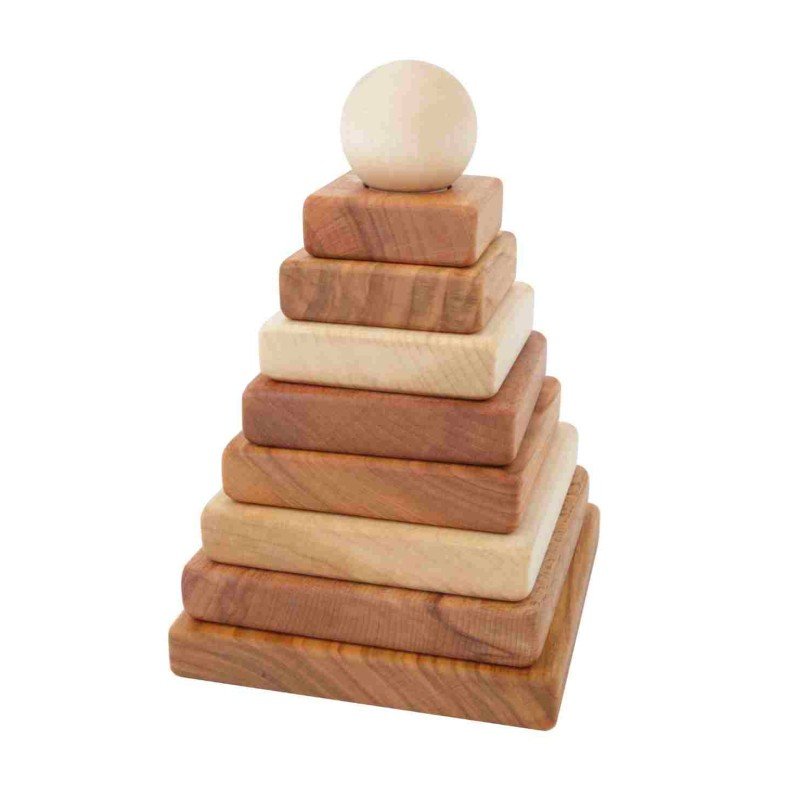 2. Wooden square pyramid toy with natural wood finish, featuring stacked blocks from largest to smallest with a round top, shown on a white background