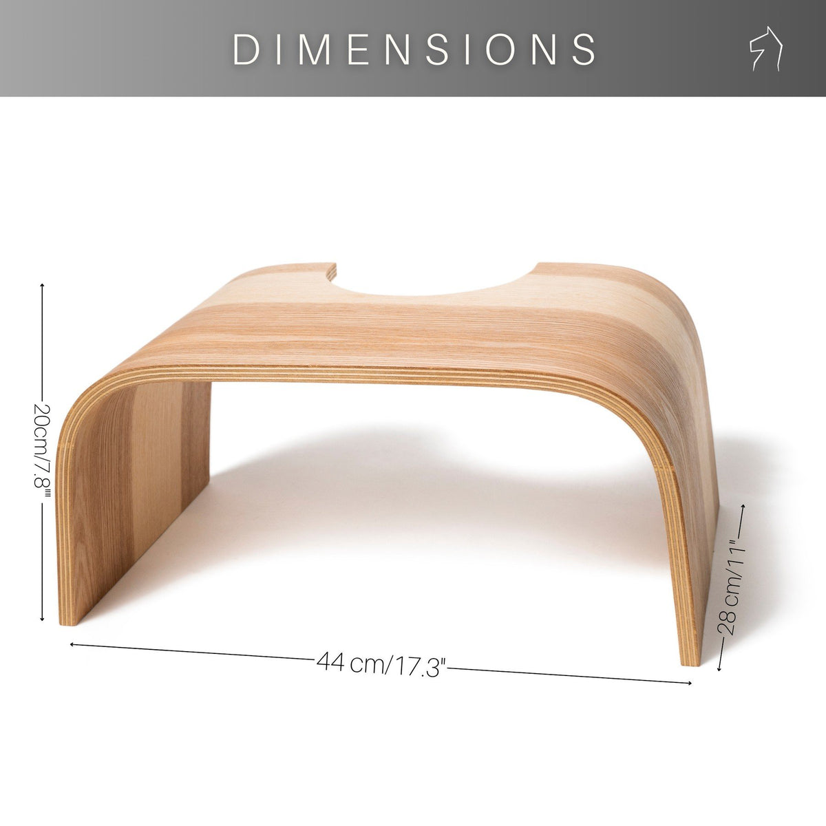 5. Size chart for wooden step stool showing dimensions 20 x 28.5 x 44 cm