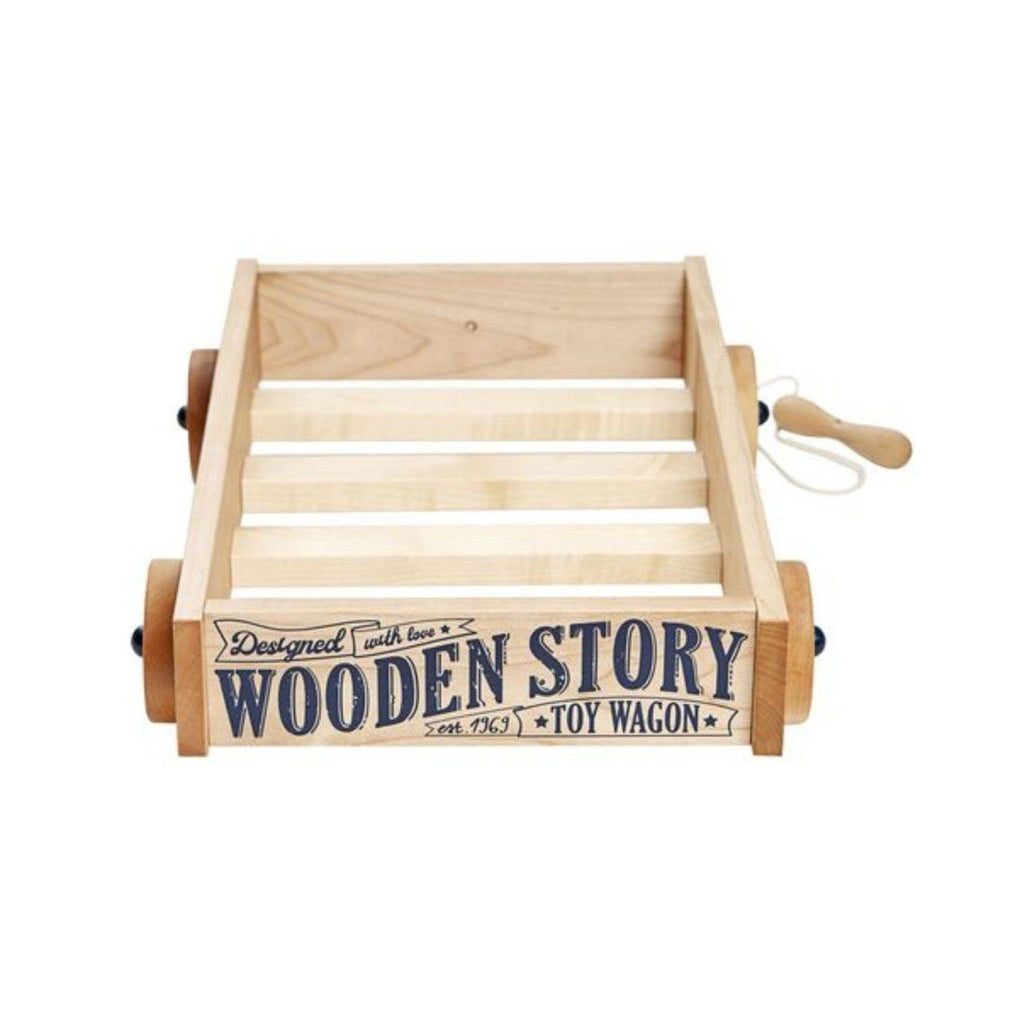 2. Front view of Wooden Story wooden wagon with pull handle and logo on white background