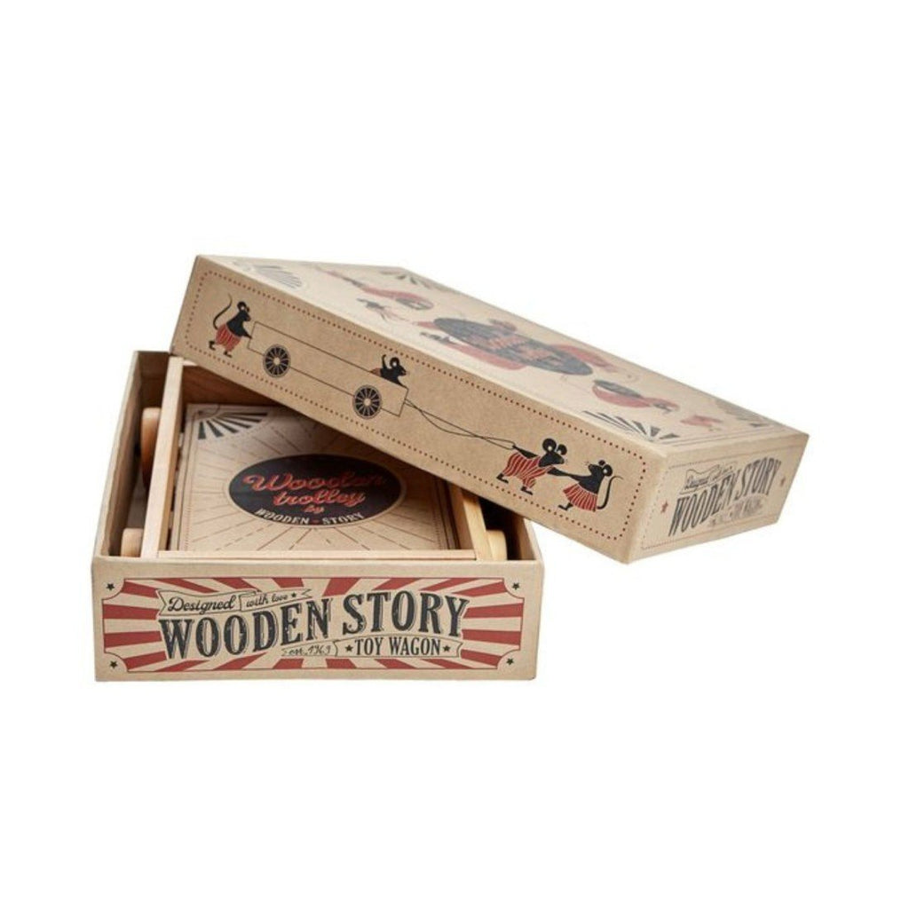 4. Wooden Story wooden wagon in open packaging with decorative box featuring mouse illustrations
