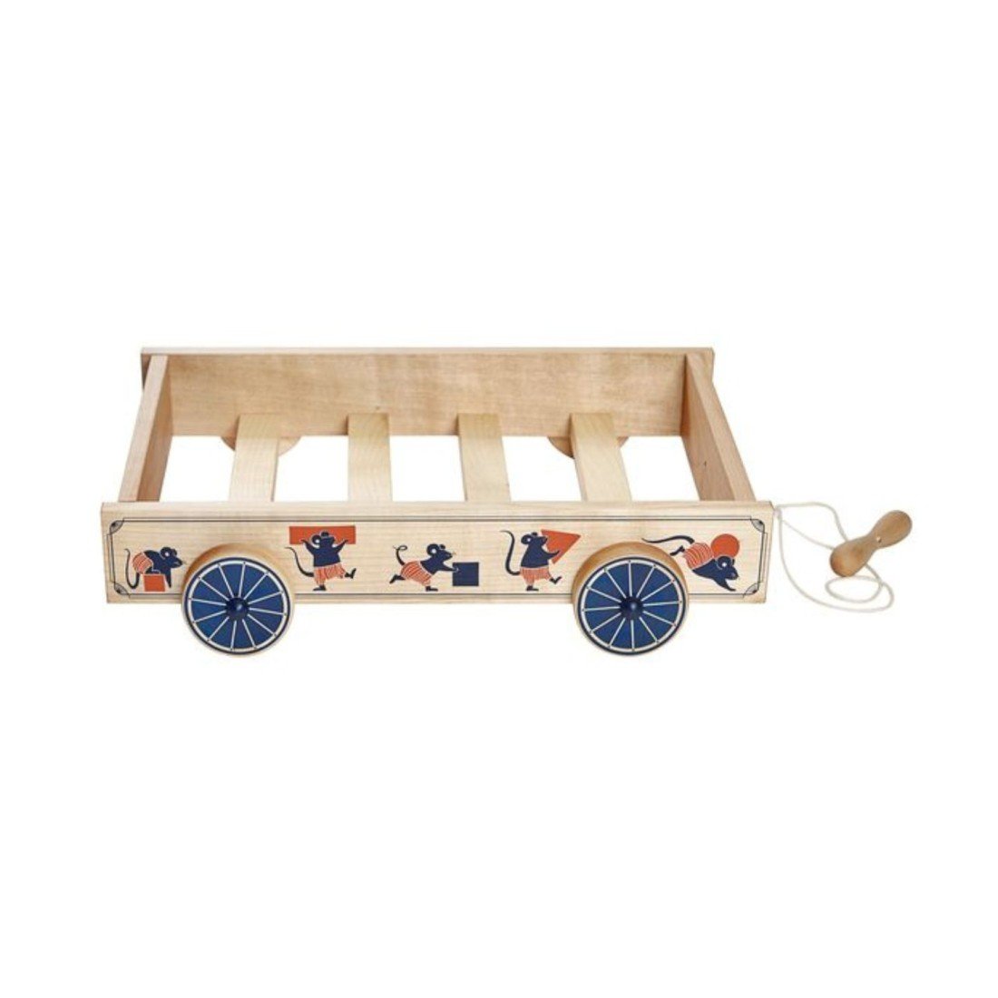 2. Side view of Wooden Story wooden wagon with mouse illustrations and pull handle on white background