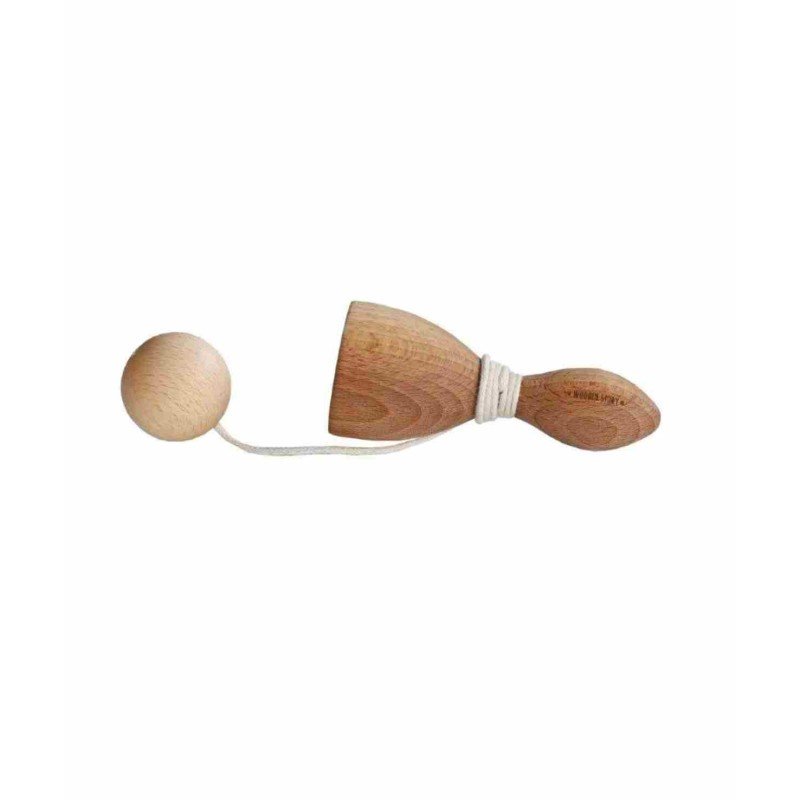 4. Flat lay of Wooden Swing and Catch game showing wooden ball and handle with string