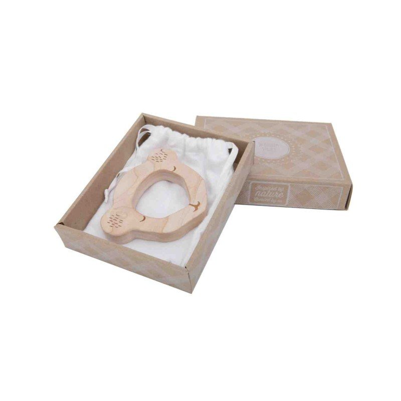 4. Wooden Story koala teether in eco-friendly packaging with soft flannel bag, displayed in an open box