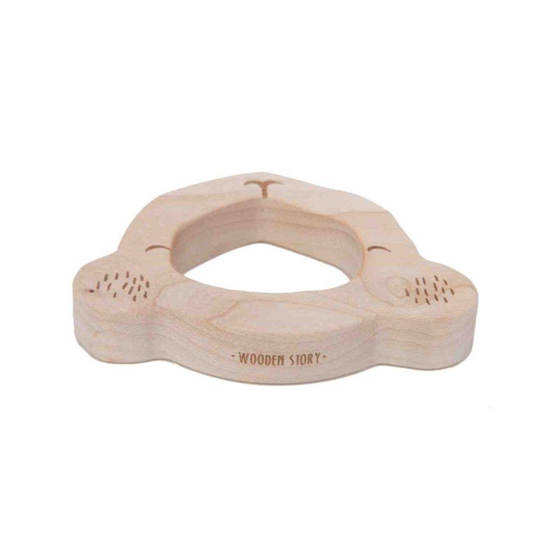 3. Side view of Wooden Story koala teether highlighting engraved details and brand logo on natural wood