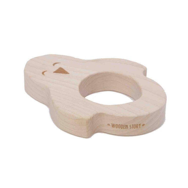 3. Side view of Wooden Story penguin-shaped wooden teether with engraved logo, showcasing thickness and smooth edges.