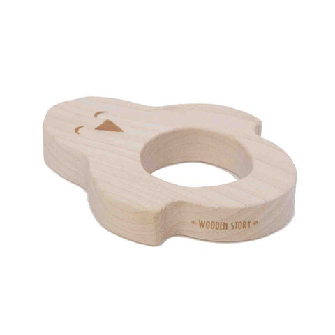 3. Side view of Wooden Story penguin-shaped wooden teether with engraved logo, showcasing thickness and smooth edges.