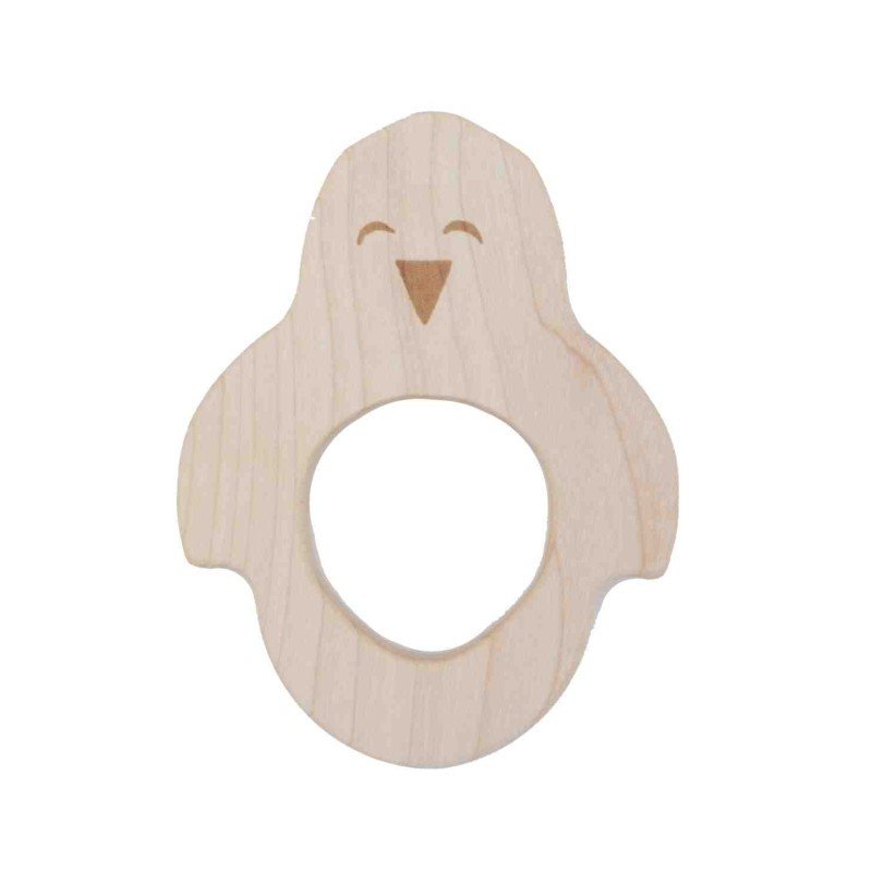 1. Wooden Story penguin-shaped wooden teether made from natural maple wood, featuring a smiling face design, ideal for soothing baby's gums.