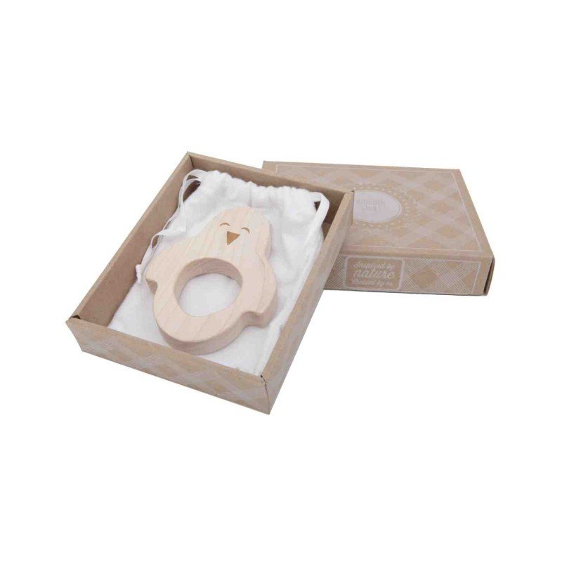 4. Wooden Story penguin-shaped wooden teether in eco-friendly packaging with soft flannel bag, perfect for gifting.