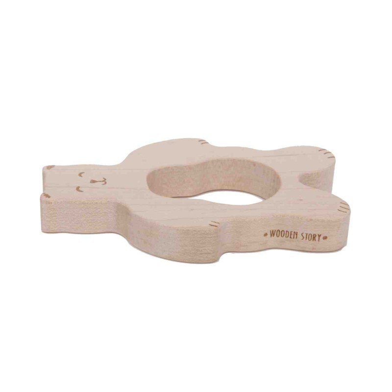 3. Side view of Wooden Story teddy bear teether showing engraved logo on maple wood
