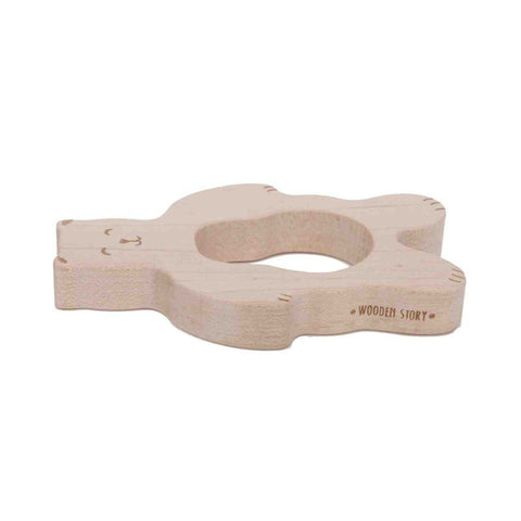 3. Side view of Wooden Story teddy bear teether showing engraved logo on maple wood