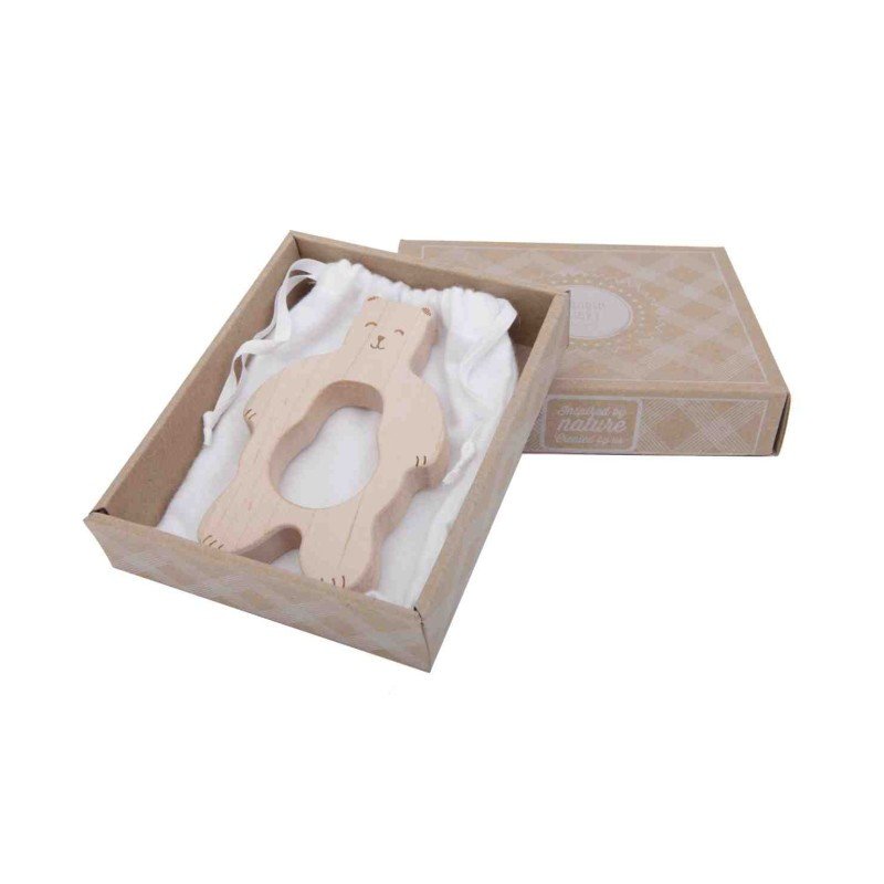 2. Wooden Story teddy bear teether in eco-friendly packaging with soft flannel bag