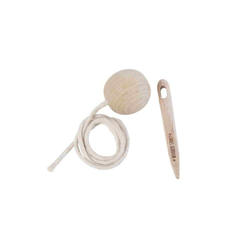 2. Wooden Story threading needle with cotton string and wooden ball on white background