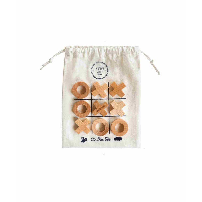 2. Cotton bag with Wooden Story logo and tic-tac-toe grid, filled with wooden X and O pieces