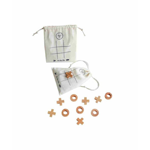 1. Wooden Tic-Tac-Toe game with cotton bag and wooden X and O pieces displayed on white background