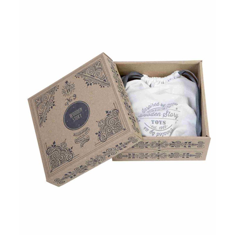 2. Studio shot of Wooden Story packaging with cotton bag inside a decorative cardboard box
